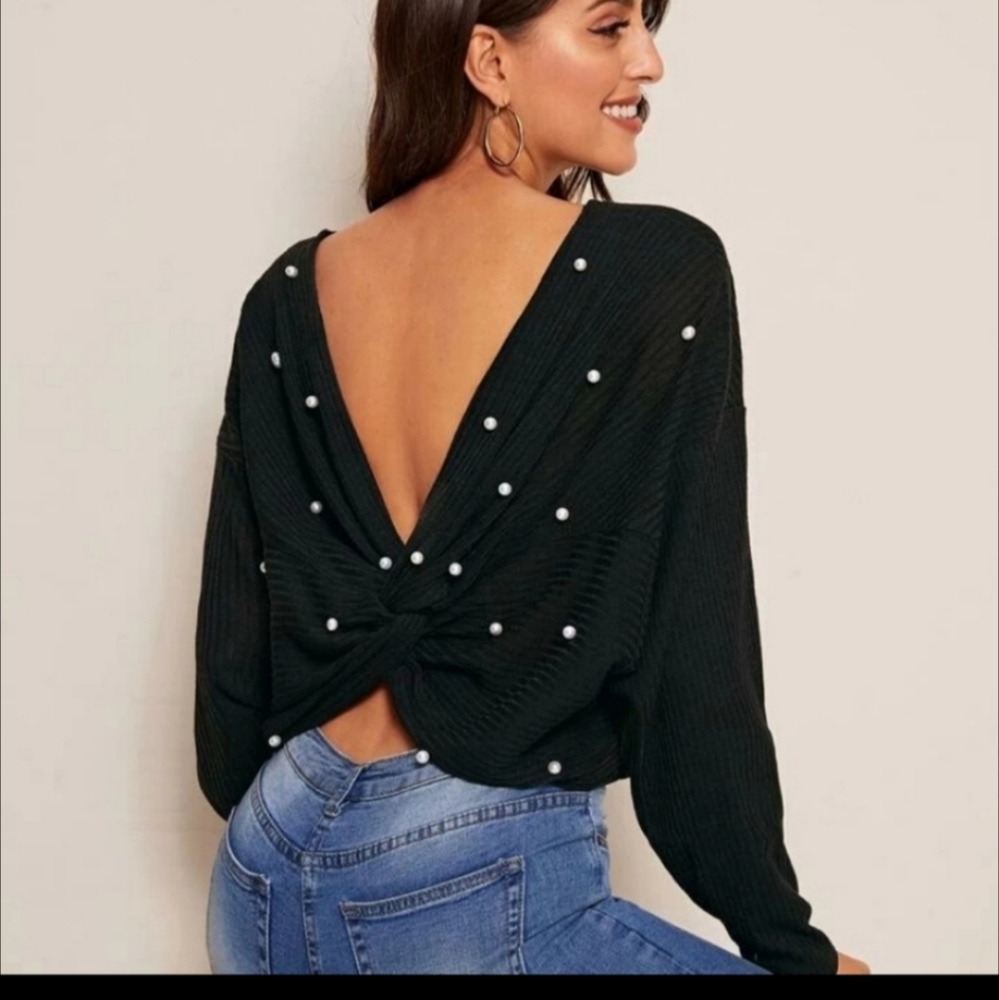 Sexy Black Low Back Sweater Pearl Accents